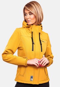 Yellow jacket with a hood, made from soft fabric. Features black zipper accents and adjustable drawstrings. Tailored fit with pockets.