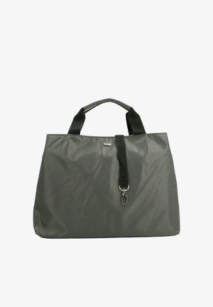 Borsa tote grigia con una texture liscia e lucida, manici in tessuto neri e un accento argento. Presenta una chiusura con zip e dettagli del logo.