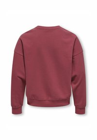 Vinröd sweatshirt med rund hals, lös passform, sänkt axelparti och ribbade muddärmar. Mjuk tygtextur utan mönster eller dekorationer.