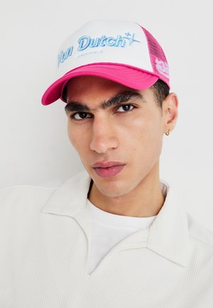 White and pink mesh cap with "Von Dutch Originals" embroidered in blue. Features a curved visor and a structured front panel.