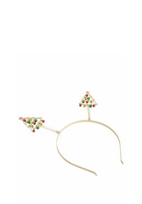 Goldener Haarreif mit zwei federnd montierten Weihnachtsbaumformen, verziert mit roten, grünen und goldenen Glocken, und mit goldenen Sternen gekrönt.