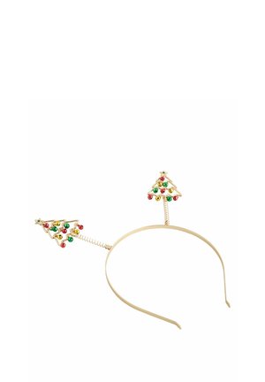 Goldener Haarreif mit zwei federnd montierten Weihnachtsbaumformen, verziert mit roten, grünen und goldenen Glocken, und mit goldenen Sternen gekrönt.