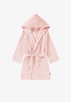Soft pink hooded bathrobe with long sleeves, tied waist belt, and two front pockets, displayed flat on a white background.
