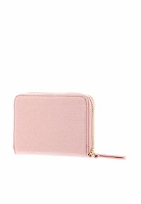 Portefeuille rose à fermeture éclair en matériau texturé. Caractérisé par une fermeture éclair dorée et des bords arrondis. Forme rectangulaire compacte avec une finition lisse.