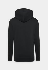 Felpa nera con cappuccio realizzata in tessuto morbido. Presenta un design del cappuccio centrale, maniche lunghe e polsini e orlo a costine. Semplice, senza motivi o accenti.