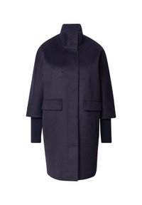 Navy-Wollmantel mit hohem Kragen, seitlichen Taschen und glattstrickärmeln. Verfügt über ein minimalistisches Design und eine gerade Silhouette.