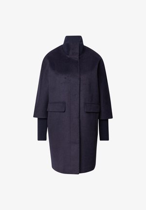 Navy wool coat with a high collar, side pockets, and ribbed knit sleeves. Features a minimalist design and a straight silhouette.