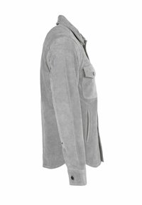 Szürke velúrbőr dzseki gallérral, oldalzsebekkel és gombos részletekkel az ujjakon. Sima textúrájú, testhez simuló kialakítás.