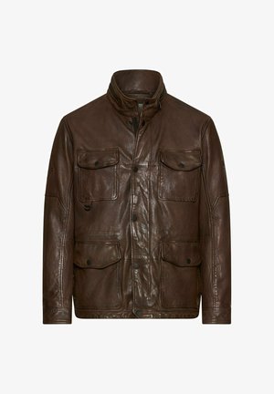 Men’s dark brown leather jacket with high collar, four snap-button flap pockets, and front snap-button closure.