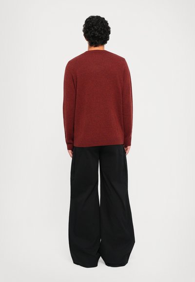 Maglione rosso lavorato a maglia con scollatura rotonda, abbinato a pantaloni cargo neri a gamba larga, mostrato da dietro su uno sfondo bianco.