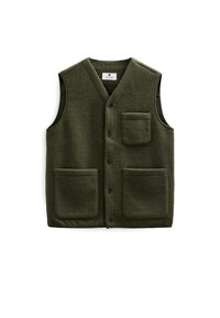 Gilet verde in lana con scollo a V, chiusura con bottoni, due grandi tasche frontali e una tasca sul petto. Tessuto strutturato e design semplice.