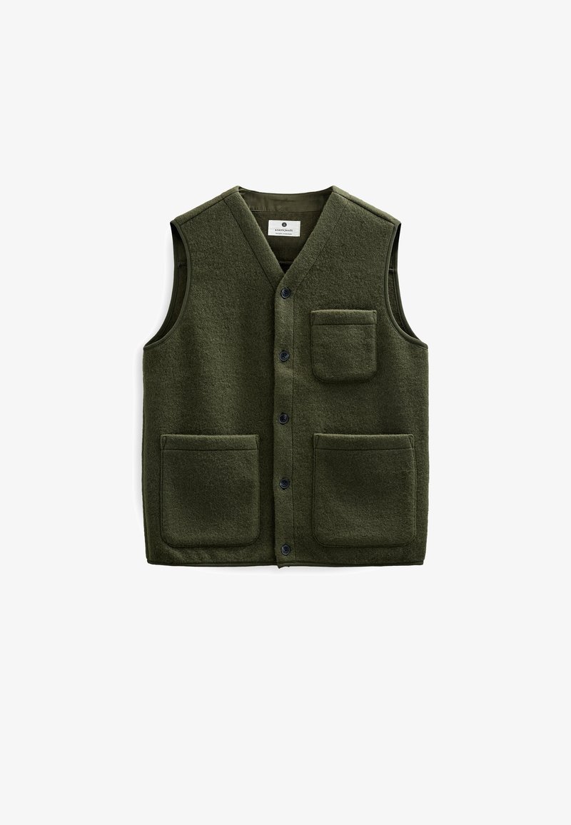 Gilet verde in lana con scollo a V, chiusura con bottoni, due grandi tasche frontali e una tasca sul petto. Tessuto strutturato e design semplice.