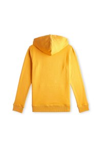 Gelbe Kapuzenjacke mit langen Ärmeln, gerippten Bündchen und Saum. Glattes, weiches Material mit einem einfachen, einfarbigen Design. Keine sichtbaren Grafiken.