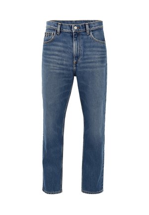 Jeans in denim blu con taglio dritto, design a cinque tasche e chiusura con bottone. Presentano una leggera scoloritura e cuciture a contrasto.