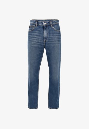 Jeans in denim blu con taglio dritto, design a cinque tasche e chiusura con bottone. Presentano una leggera scoloritura e cuciture a contrasto.