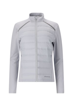 Hellgraue isolierte Jacke mit Reißverschluss vorne, gepolstertem Rumpf und glatten Ärmeln. Auffällige graue Akzente entlang der Nähte und des Logos.