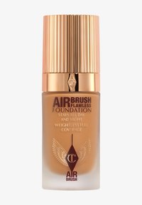 Air Brush Flawless Foundation in a translucent bottle with gold accents. Features a ribbed gold cap and printed product details in brown.