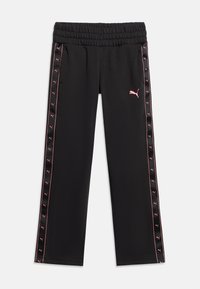 Μαύροι παντελόνια με ελαστική μέση και ροζ λογότυπα Puma κατά μήκος των πλαϊνών γραμμών, καθώς και ροζ λογότυπο της Puma σε σχήμα γάτας στον αριστερό μηρό.