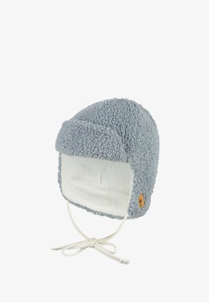 Light blue, fuzzy fleece hat with a soft lining, a front flap, and a chin strap. Features a small brown tag on the side.