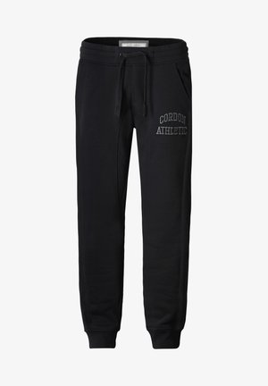 Black sweatpants made of soft fabric, featuring a ribbed waistband, drawstring, and "CORDON ATHLETIC" embroidered in gray on the side.