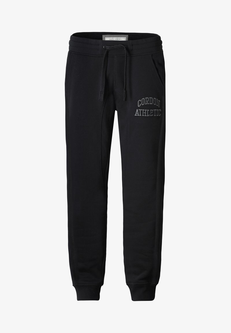 Schwarze Jogginghose aus weichem Stoff, mit einem gerippten Bund, Kordelzug und "CORDON ATHLETIC" in Grau seitlich gestickt.