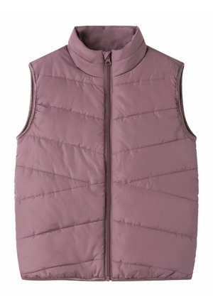 Ermeløs mauve polstret vest med glidelås foran og ståkrage, med diagonale quiltede sømmer for ekstra tekstur og varme.