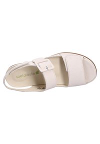 Light beige sandal with two wide straps, a buckle closure, and an open toe. The insole is cushioned; the outsole is firm and textured.