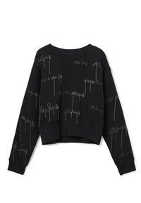 Felpa nera corta con testo ricamato in argento "All Saints" in un motivo sparso. Realizzata in tessuto morbido con polsini a coste.