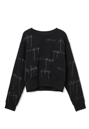 Zwarte cropped sweatshirt met zilveren geborduurde tekst "All Saints" in een verspreid patroon. Gemaakt van zachte stof met geribbelde manchetten.