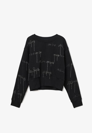Schwarzer, verkürzter Sweatshirt mit silberner Stickerei "All Saints" in einem verstreuten Muster. Hergestellt aus weichem Stoff mit Rippbündchen.