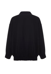 Zwarte sweatshirt met een hoge kraag, hangende schouders en elastische hem en manchetten; gladde stof met een casual, losse pasvorm.