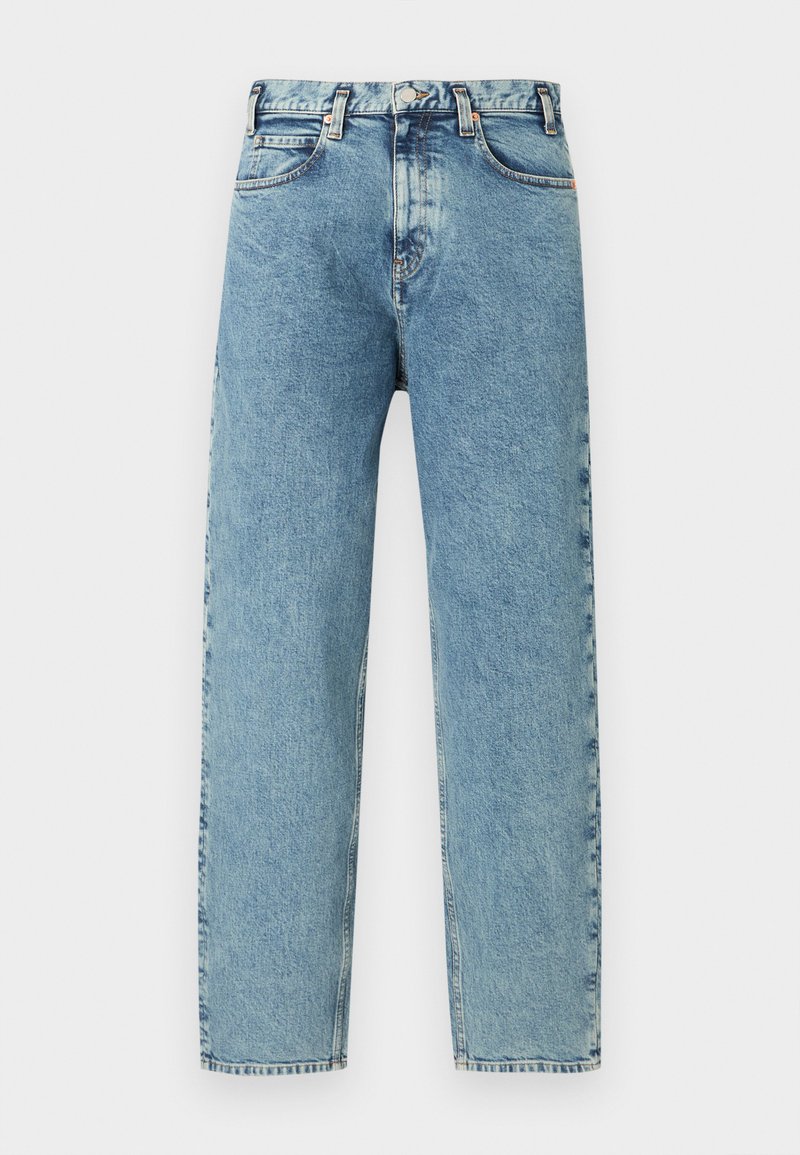 Light blue denim jeans with a straight-leg cut, five pockets, and brass button closure. The fabric has a slightly textured, faded appearance.