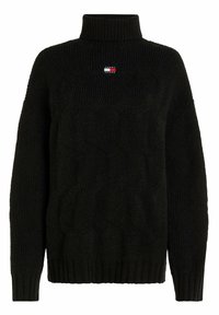 Svart kabelstickad polotröja med långa ärmar och en liten Tommy Jeans-logotyp i mitten under kragen.