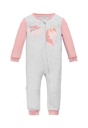 Mono de algodón gris con mangas rosas. Presenta un cierre frontal y un gráfico de un unicornio con el texto "Haz tu propia MAGIA". Textura suave.