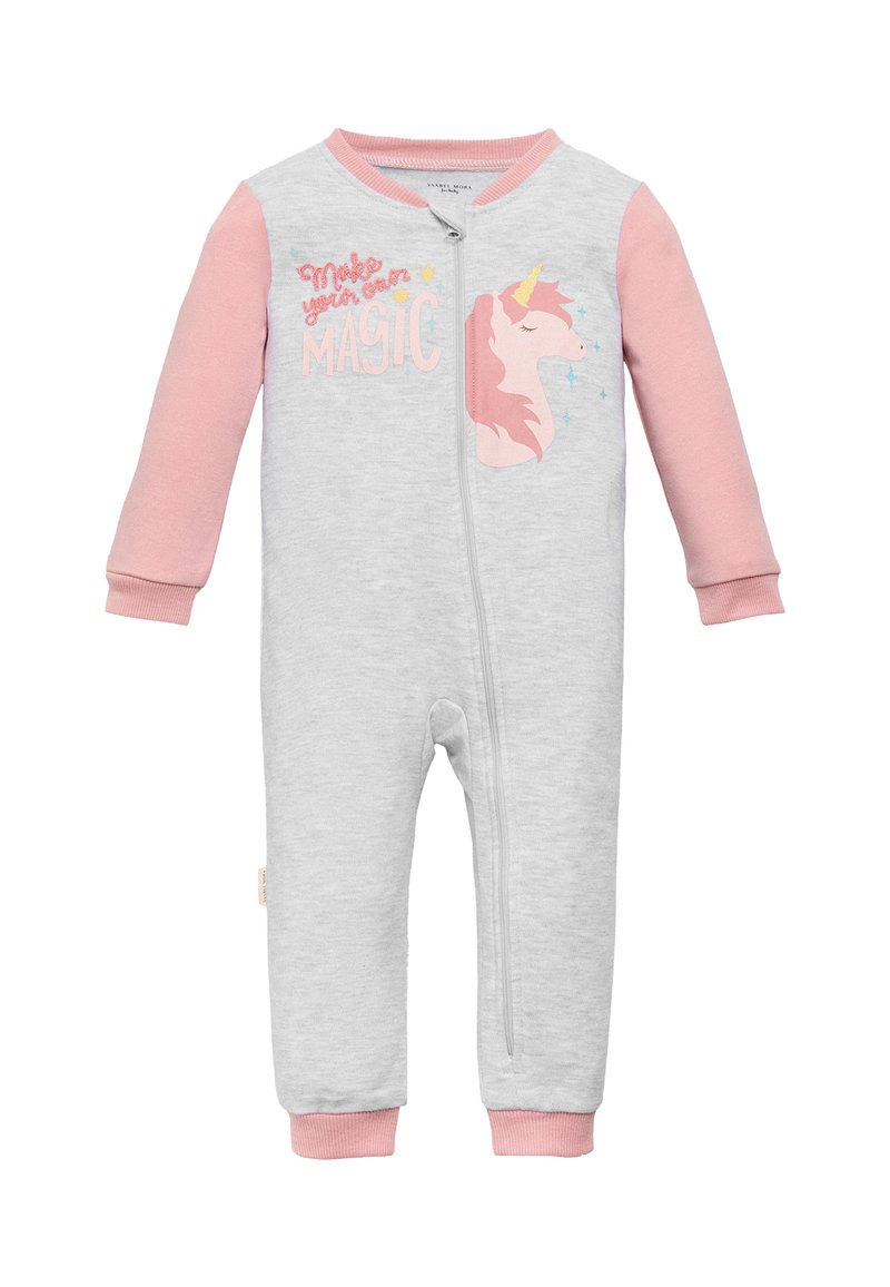 Mono de algodón gris con mangas rosas. Presenta un cierre frontal y un gráfico de un unicornio con el texto "Haz tu propia MAGIA". Textura suave.
