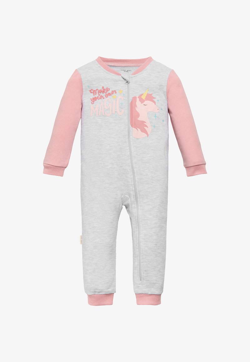 Mono de algodón gris con mangas rosas. Presenta un cierre frontal y un gráfico de un unicornio con el texto "Haz tu propia MAGIA". Textura suave.