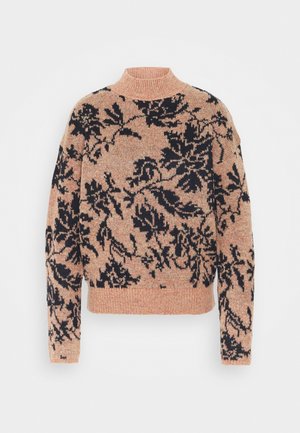 Blød lyserød striktrøje med sort blomsterprint, høj hals, lange ærmer og ribstrikkede manchetter og kant.