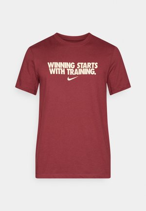 Maroon cotton T-shirt with short sleeves. Features white text "WINNING STARTS WITH TRAINING." and Nike logo below the text.