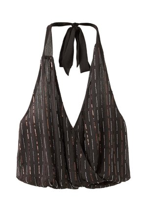 Top halter negro con rayas verticales de lentejuelas y un escote en V profundo atado en el cuello con tiras anchas de tela.