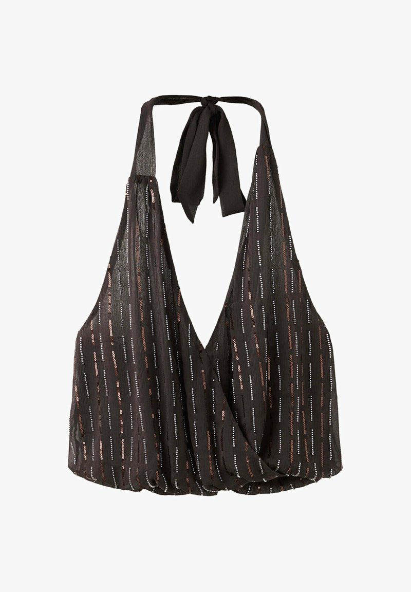 Haut dos-nu noir avec des rayures verticales pailletées et un profond décolleté en V noué au cou avec de larges bretelles en tissu.