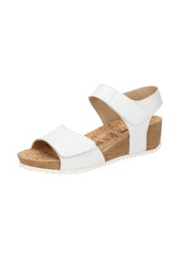 Sandali wedge bianchi con soletta in sughero, design con cinturini e chiusura a strappo. Suola in gomma texture per una buona aderenza.