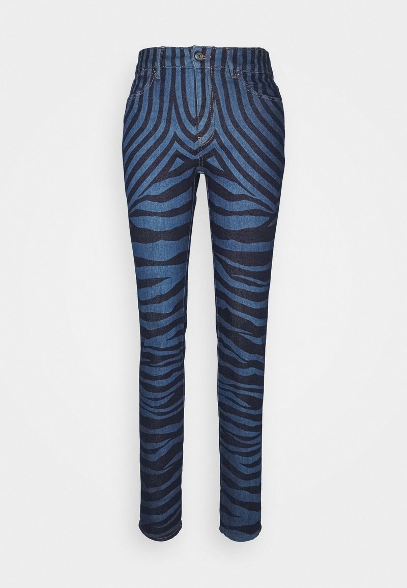 Jean en denim présentant un motif à rayures zébrées bleu et bleu foncé, avec une taille classique, des passants pour ceinture et un design à cinq poches.
