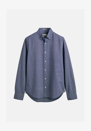 Blauwe chambray overhemden met lange mouwen, knoopsluiting op de kraag, witte knopen, een afgeronde zoom en een klein geborduurd logo op de borst.