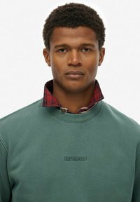 Zielona bluza z ściągaczami przy mankietach i kołnierzyku, z czerwonym w kratkę koszulą pod spodem. Wyszywane logo "SUPERDRY" na piersi.