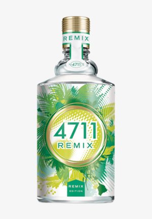 Bottiglia di vetro trasparente etichettata "4711 Remix" con design di foglie tropicali verdi e gialle e tappo a vite dorato.