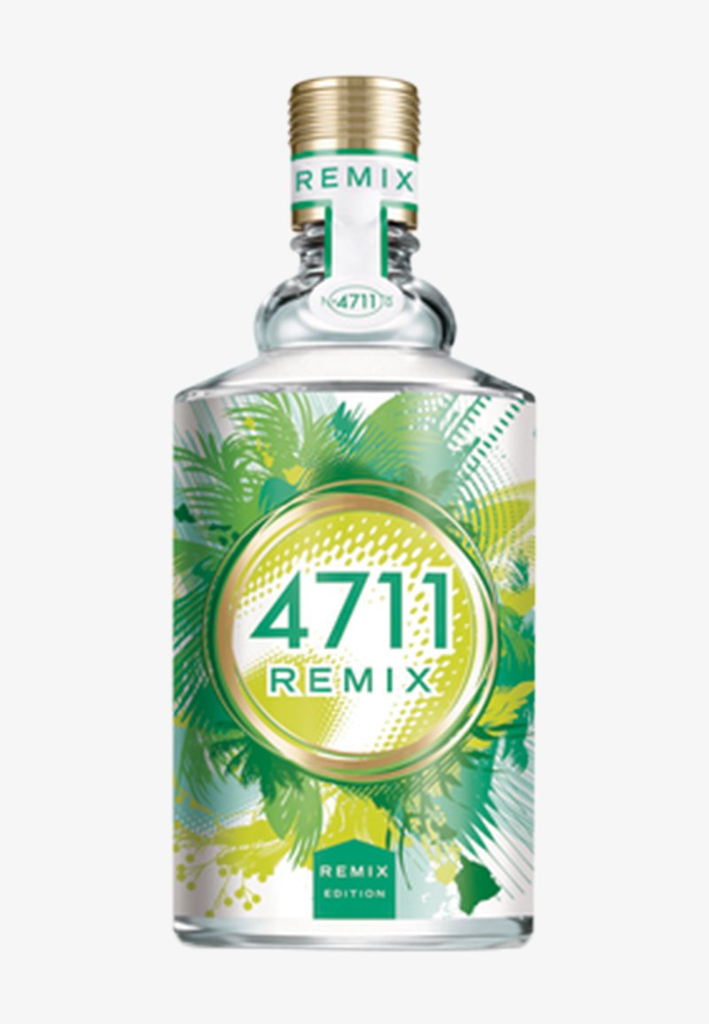 Klare Glasflasche mit der Aufschrift "4711 Remix", verziert mit grünem und gelbem tropischem Blattmuster und goldener Schraubkappe.