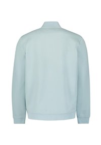 Lichtblauwe sweatshirt met een hoge kraag, lange mouwen en geribbelde manchetten. Gladde textuur en minimalistisch ontwerp zonder zichtbare sluitingen.