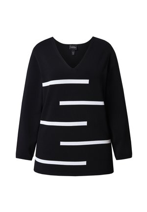 Maglione nero con scollo a V, caratterizzato da strisce orizzontali bianche di diverse lunghezze sul davanti. Realizzato in tessuto lavorato a maglia texturizzato.