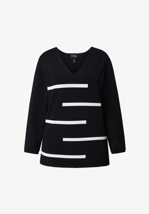 Černý svetr s výstřihem do V, zdobený horizontálními bílými pruhy různé délky na přední straně. Vyrobený z texturované pleteniny.