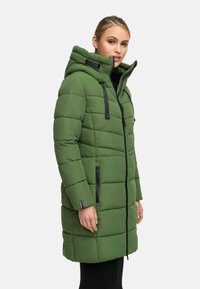 Green puffer coat with a quilted texture, zippered front, and oversized hood. Features black hardware and side pockets for functionality.